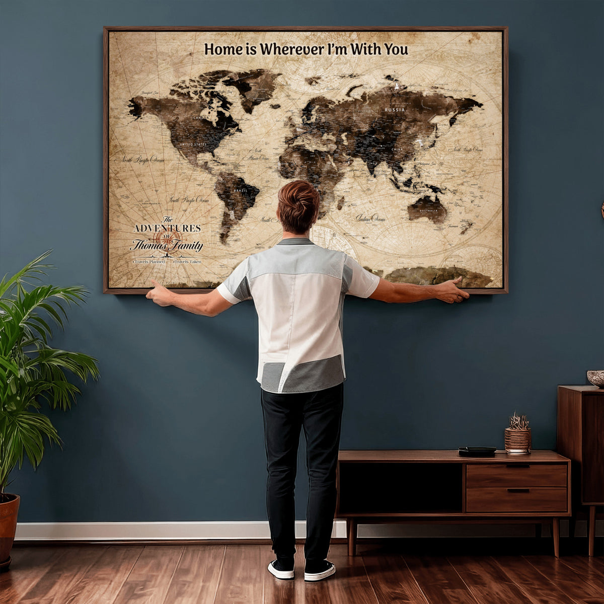 74771891-MGV-CV-36X24 - Personalized Framed Beige Modern World Travel Map Wall Art with Pins, Family Adventure Map, Living Room and Hallway Decor