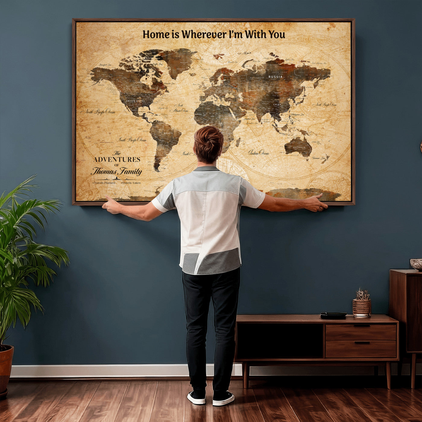 99095125-MGV-CV-36X24 - Custom Push Pin World Map Wall Art Canvas Print – Personalized Travel Tracker with Pins Framed Large for Home and Office Decor