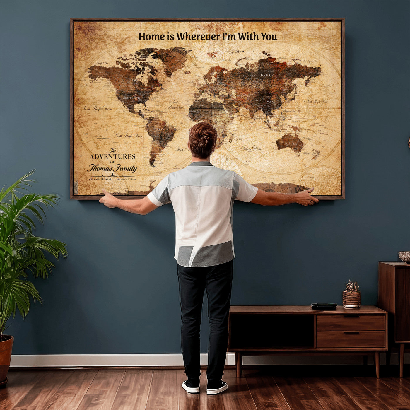 47310001-MGV-CV-36X24 - Custom Push Pin World Map Wall Art Canvas Print – Personalized Travel Tracker with Pins Framed Large for Home and Office Decor