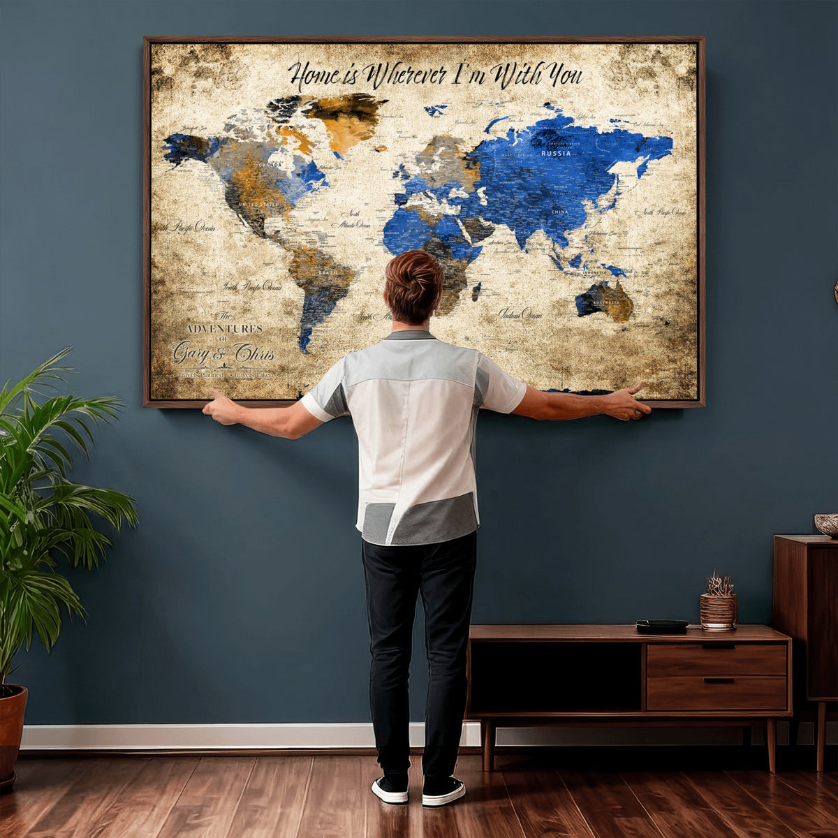 13332533-MGV-CV-36X24 - Personalized Framed Beige World Map Canvas with Push Pins, Honeymoon and Anniversary Gift, Living Room and Home Office Decor