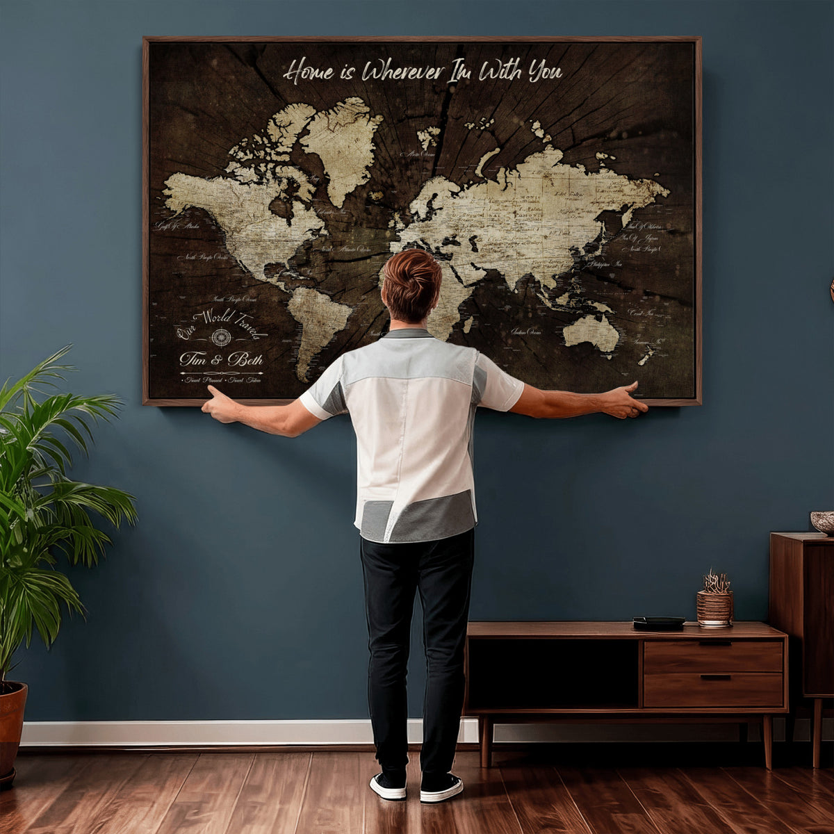 46573259-MGV-CV-36X24 - Personalized Watercolor Push Pin World Map Canvas Wall Art, Custom Framed Travel Map - NEWMAP-094