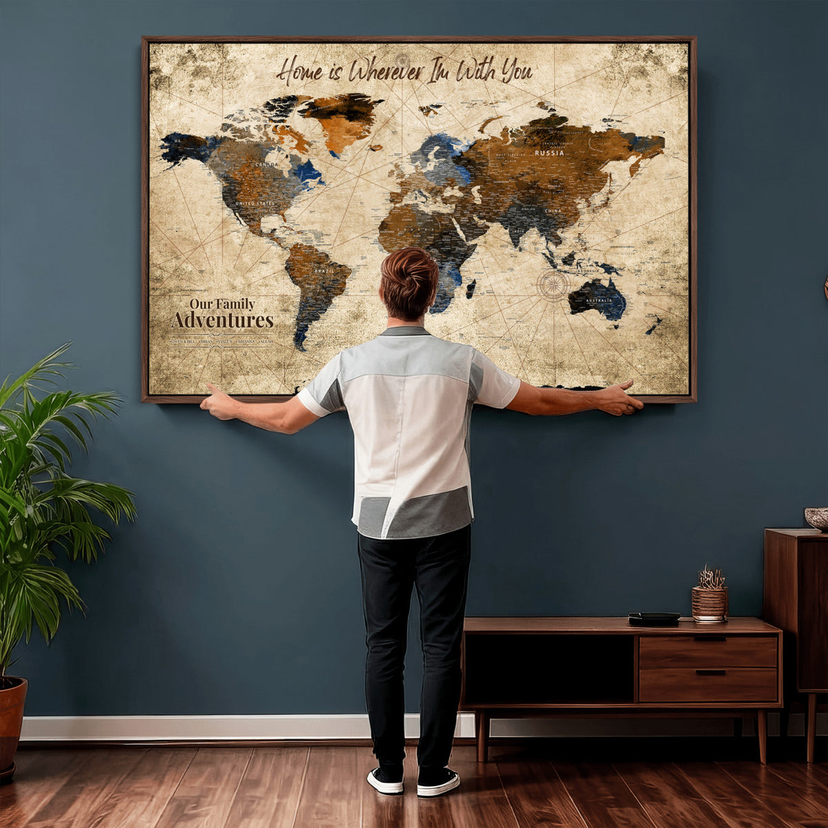 17548029-MGV-CV-36X24 - Personalized Framed Beige Modern Push Pin World Map Canvas Print, Bucket List Map, Home Office and Study Decor