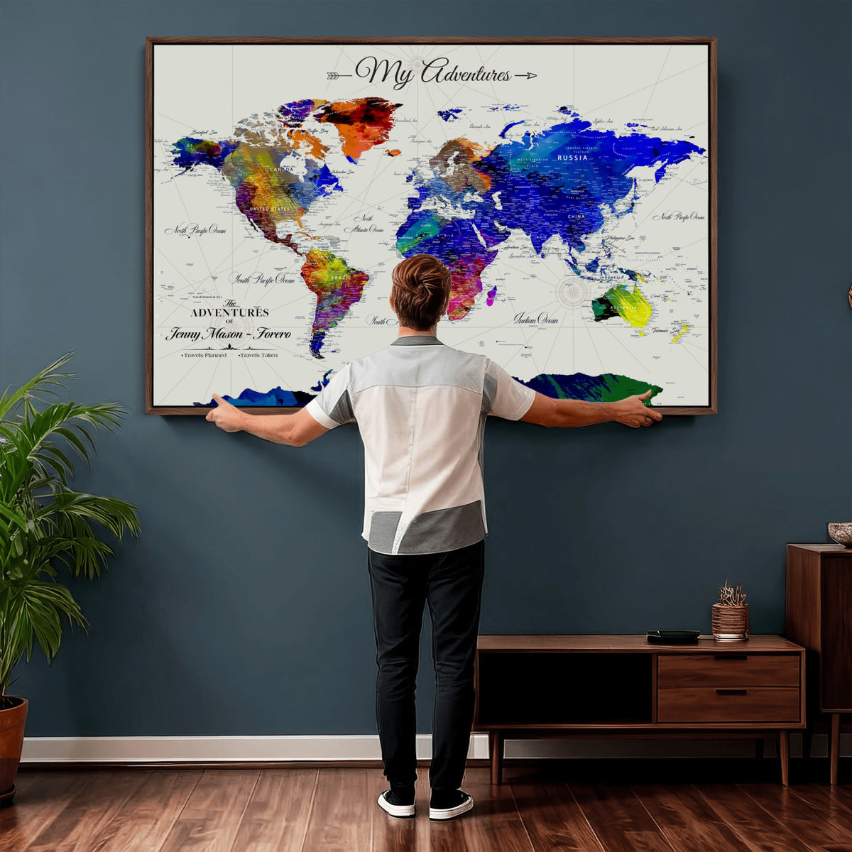 45423989-MGV-CV-36X24 - Detailed Custom Framed Beige Modern World Map Canvas with Push Pins, Honeymoon and Anniversary Gift, Dining Room and Home Office Decor