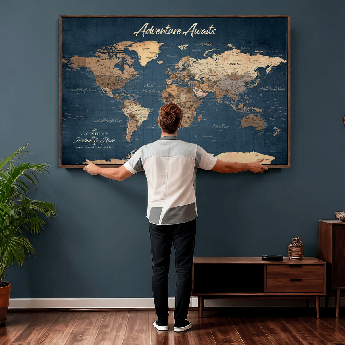 64110391-MGV-CV-36X24 - Personalized White Vintage World Travel Map Wall Art with Pins, Next Trip Planner Map, Family Room and Dining Room Decor