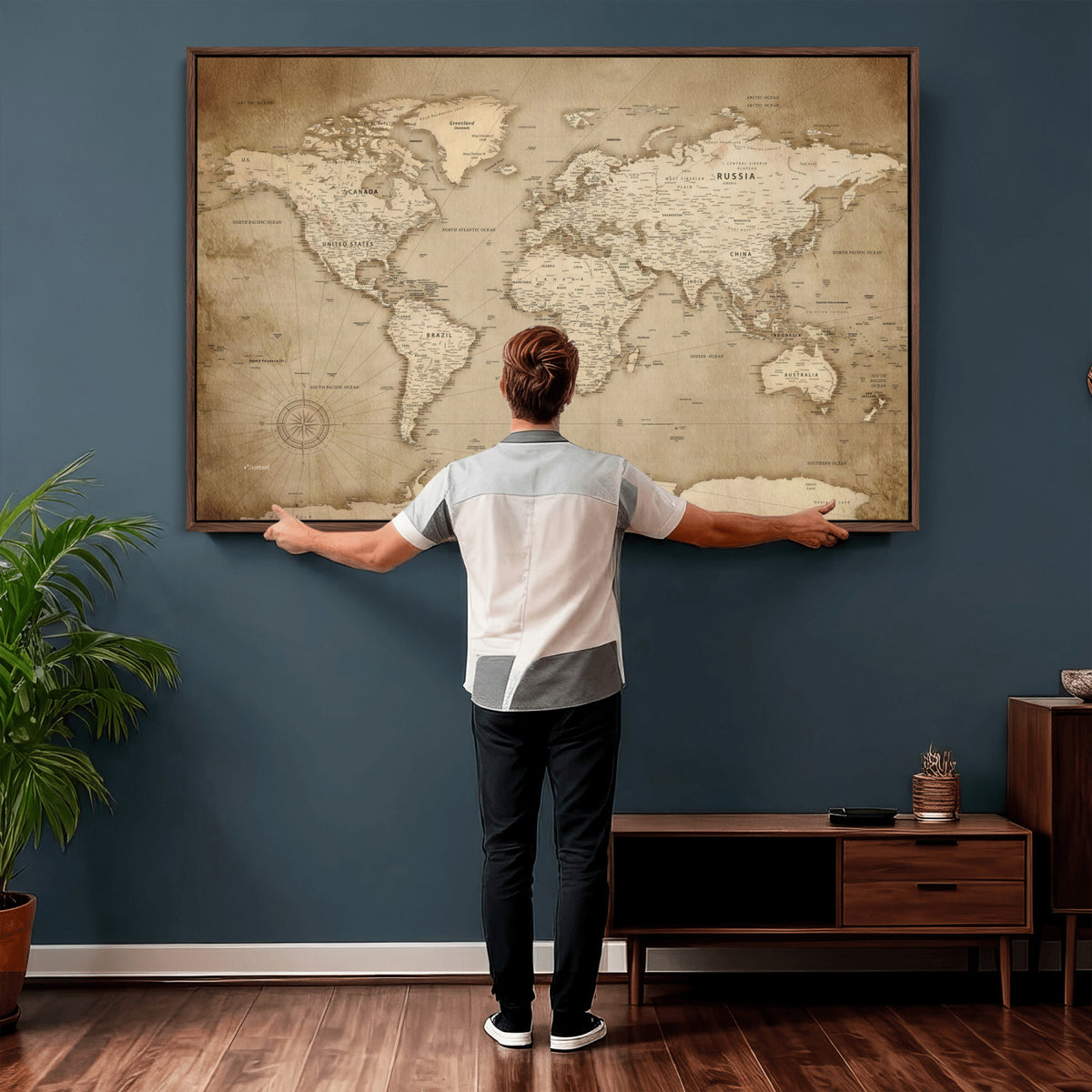 34795134-MGV-CV-36X24 - World Map Wall Art Canvas Print, Modern Decorative Framed Map Artwork Prints for Living Room, Office, Bedroom Wall Decor