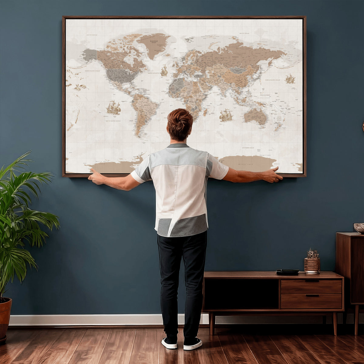 85057279-MGV-CV-36X24 - Framed Large World Map Canvas Print for Office Decor