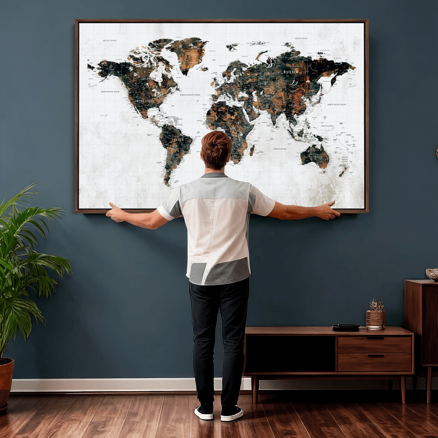 60008766-MGV-CV-36X24 - World Map Wall Art Canvas Print, Modern Decorative Framed Map Artwork Prints for Living Room, Office, Bedroom Wall Decor