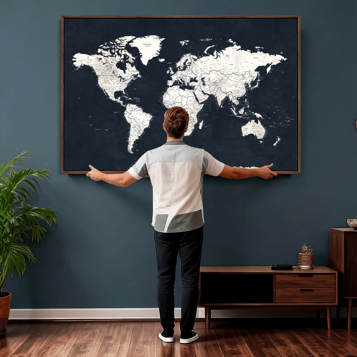 11963807-MGV-CV-36X24 - Black World Map Wall Art Canvas Print for Home Office and Meeting Room Decor