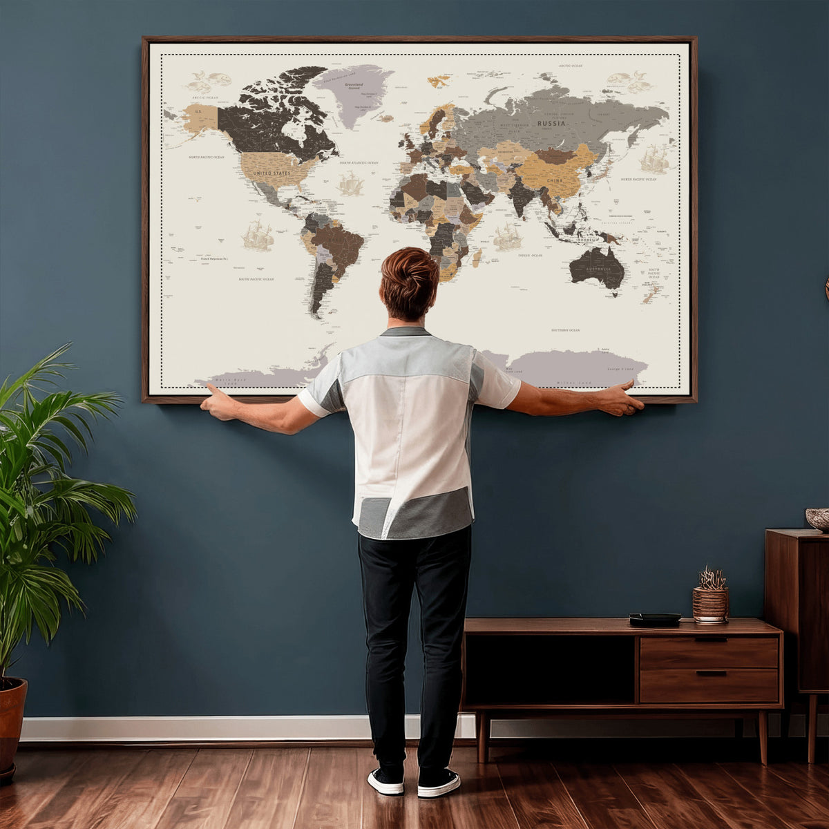 58777746-MGV-CV-36X24 - Custom Beige Modern Push Pin World Map Canvas Print, Places Visited Tracker, Bedroom and Study Decor