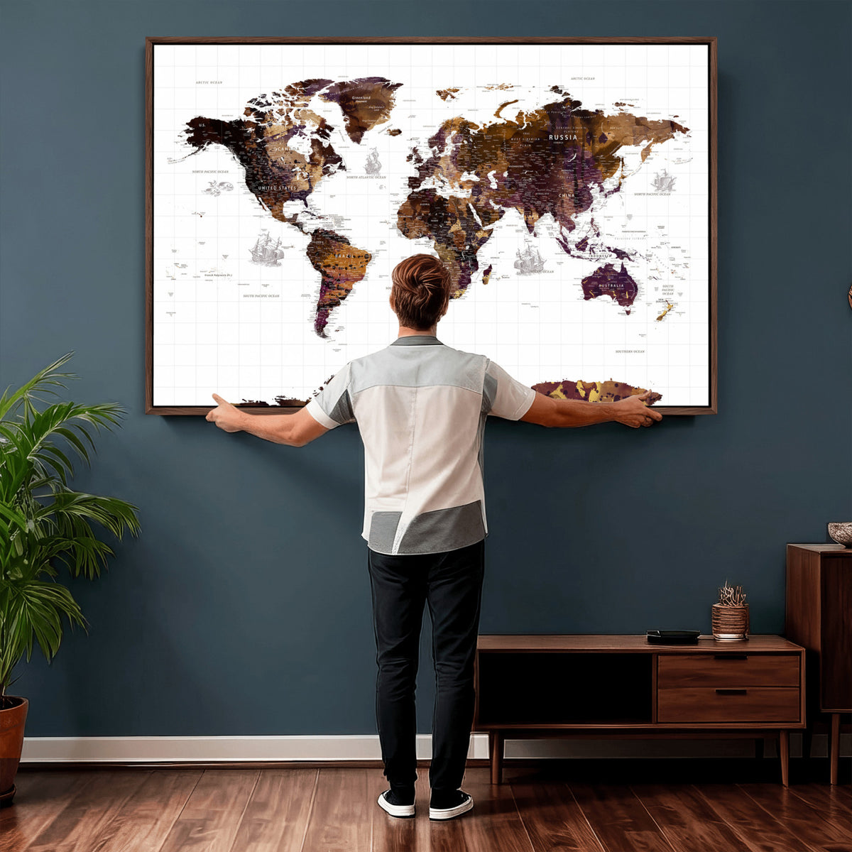 34792695-MGV-CV-36X24 - Rustic World Map Wall Art Canvas Print | Large Vintage Blue World Map on Wood Grain Style Background