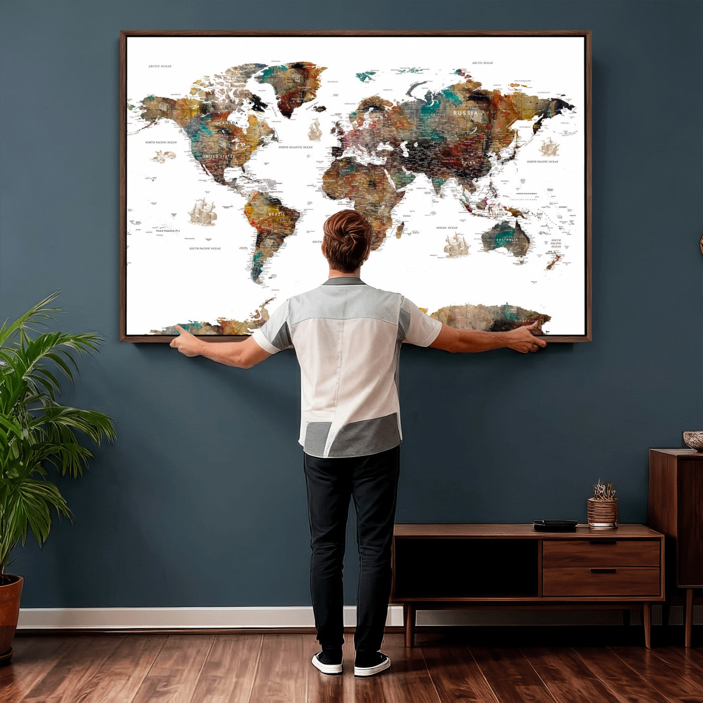 82293175-MGV-CV-36X24 - World Map Wall Art Canvas Print, Modern Decorative Framed Map Artwork Prints for Living Room, Office, Bedroom Wall Decor
