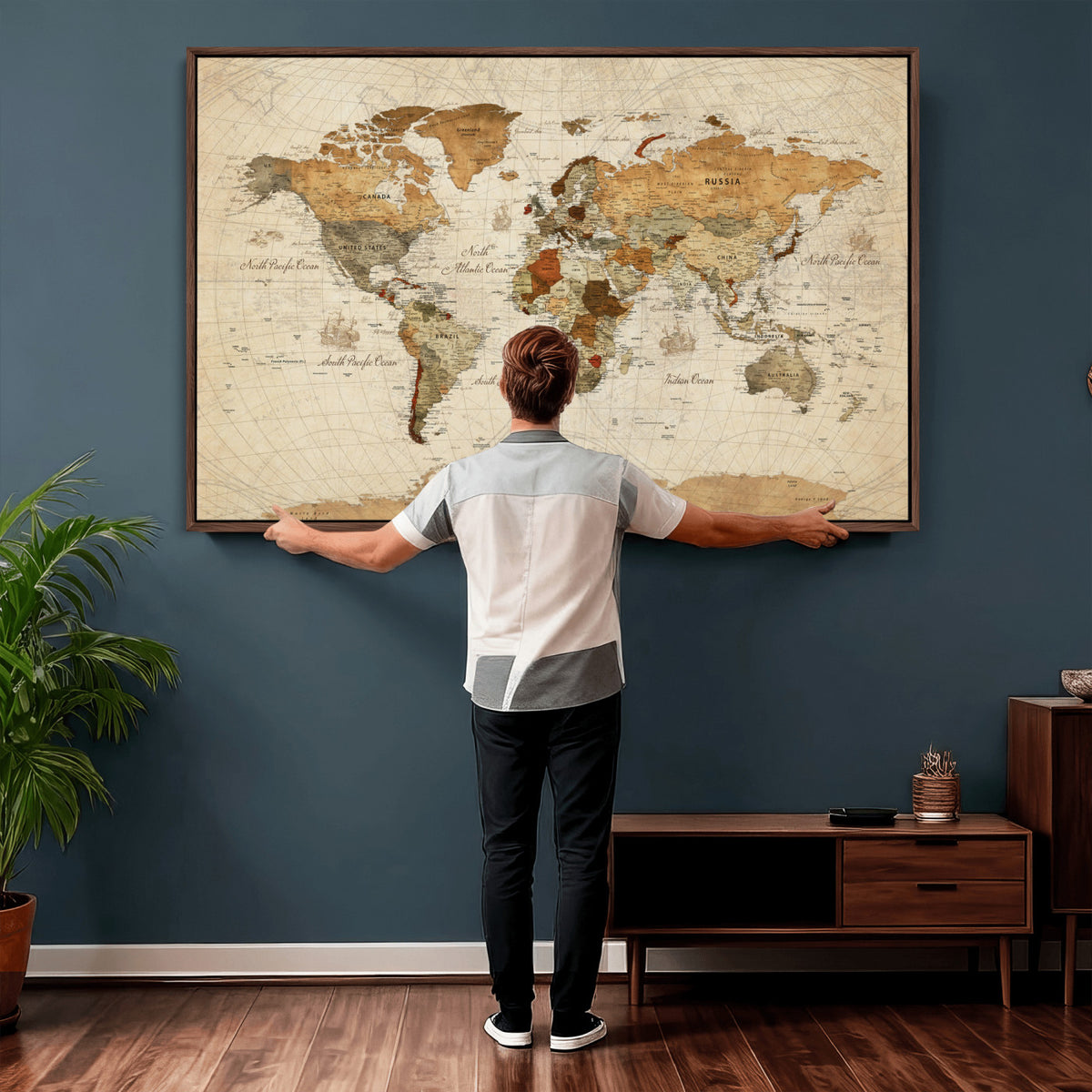 29684537-MGV-CV-36X24 - Vintage World Map Canvas Print, Framed Rustic Detailed Map of the World, Explorer Decor