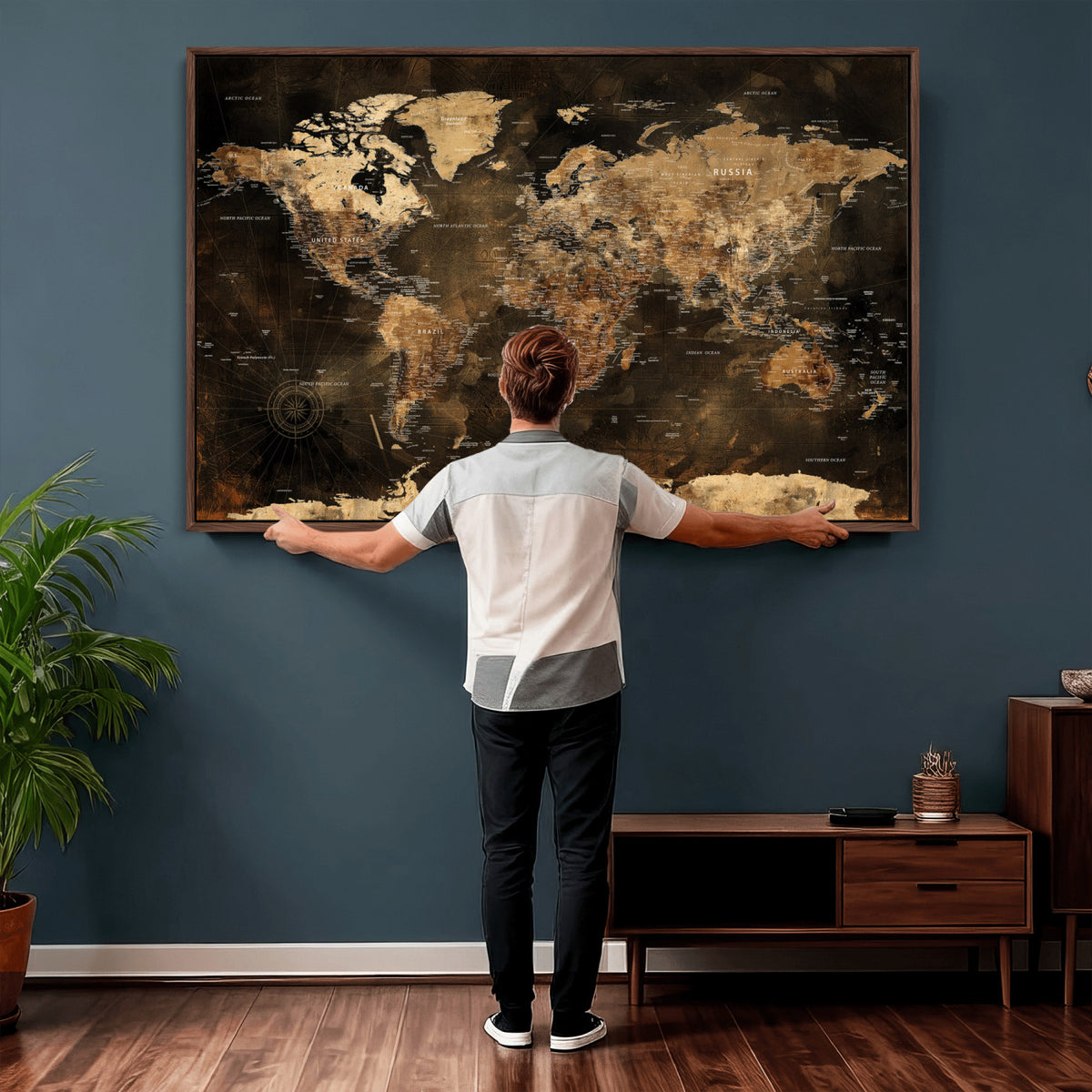 97742922-MGV-CV-36X24 - World Map Canvas Print, Modern Decorative Framed Map Artwork