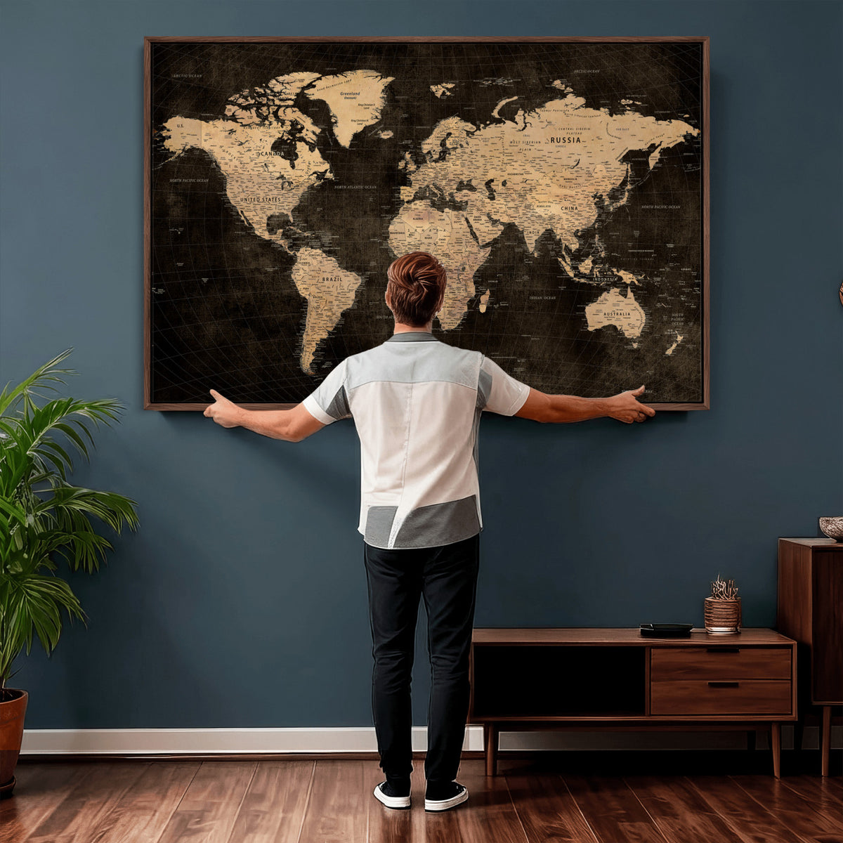 15118265-MGV-CV-36X24 - Brown World Map Canvas Print | Modern Travel Map Wall Art