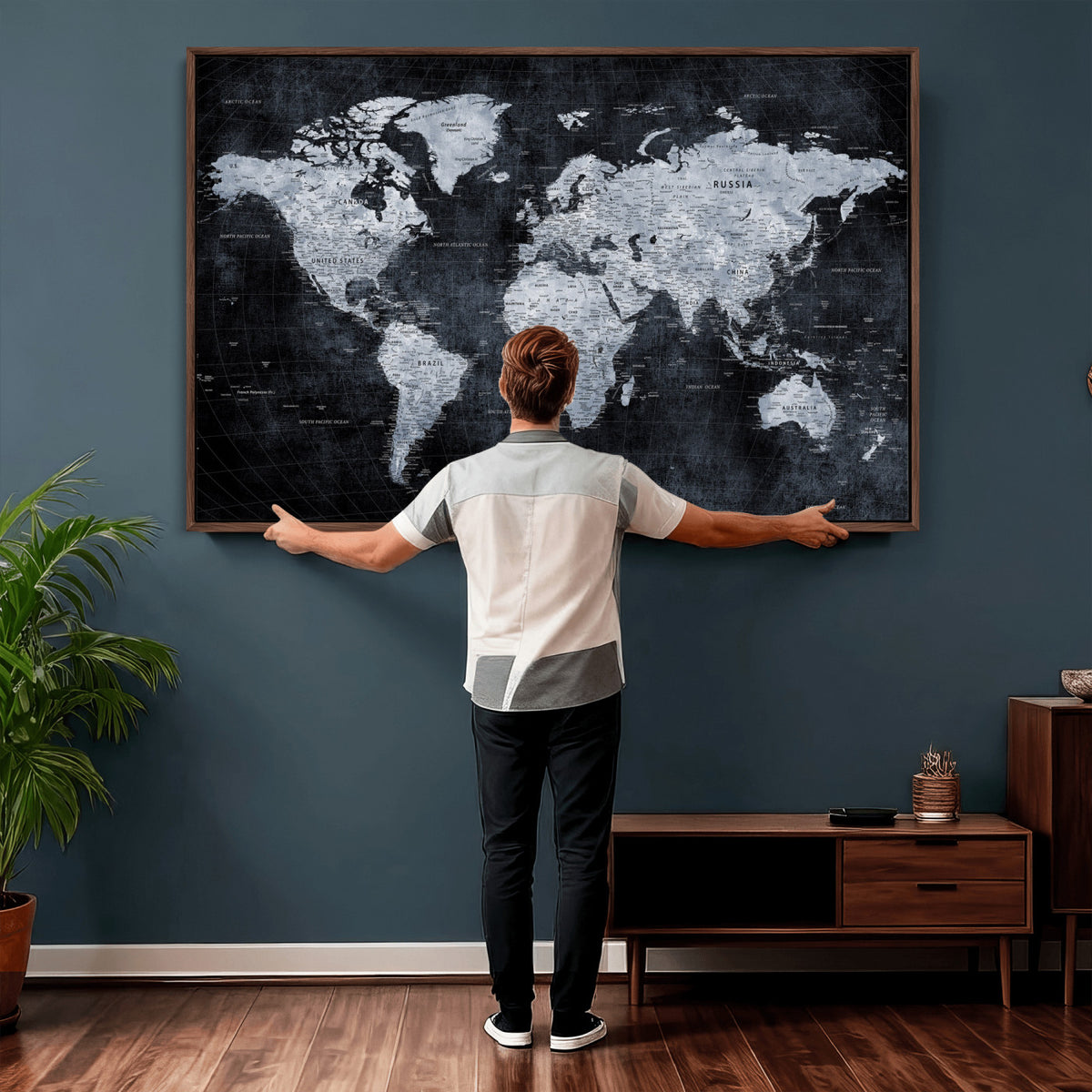 86893704-MGV-CV-36X24 - Black World Map Canvas Print | Detailed Map for Couples and Anniversary Gift