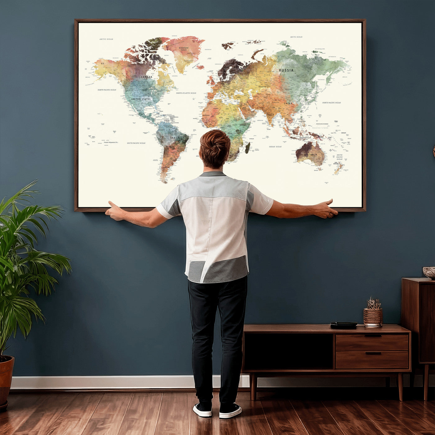 64206059-MGV-CV-36X24 - World Map Wall Art Canvas Print, Modern Decorative Framed Map Artwork Prints for Living Room, Office, Bedroom Wall Decor