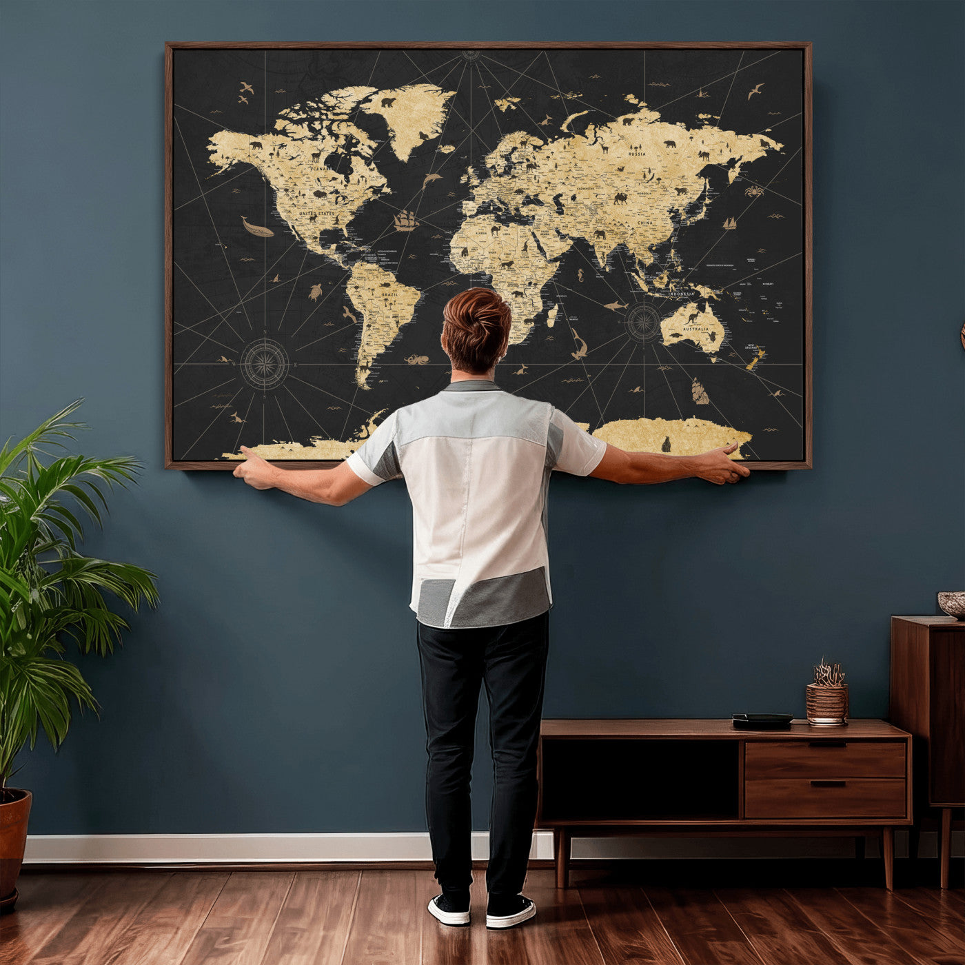 80270976-MGV-CV-36X24 - World Map Wall Art Canvas Print, Modern Decorative Framed Map Artwork Prints for Living Room, Office, Bedroom Wall Decor