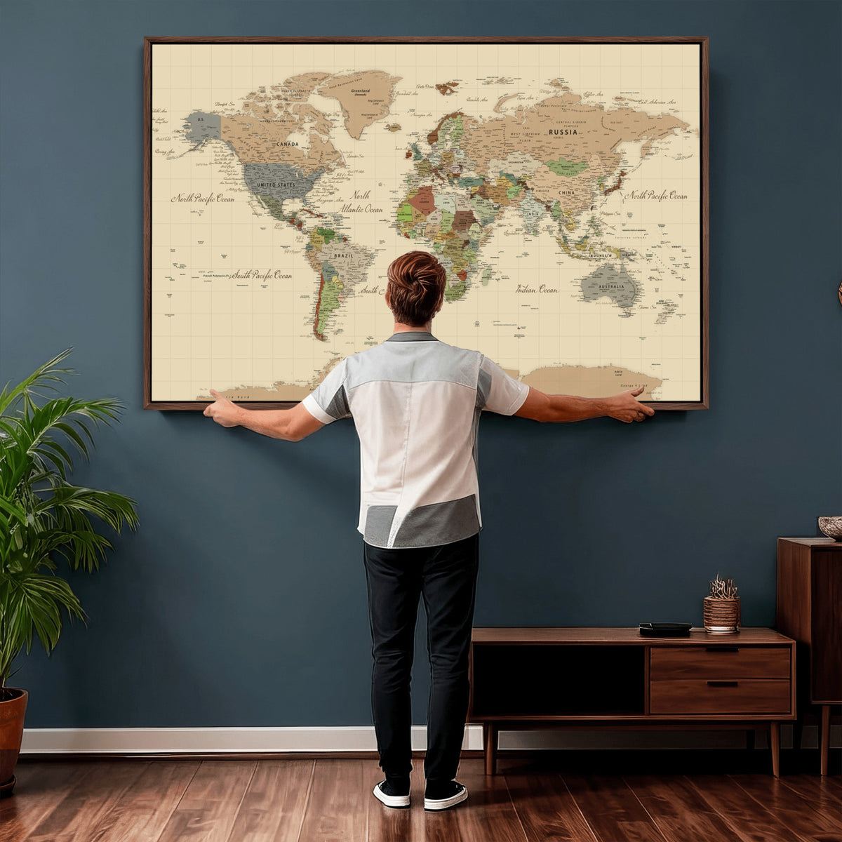31407854-MGV-CV-36X24 - World Map Wall Art Canvas Print, Modern Decorative Framed Map Artwork Prints for Living Room, Office, Bedroom Wall Decor