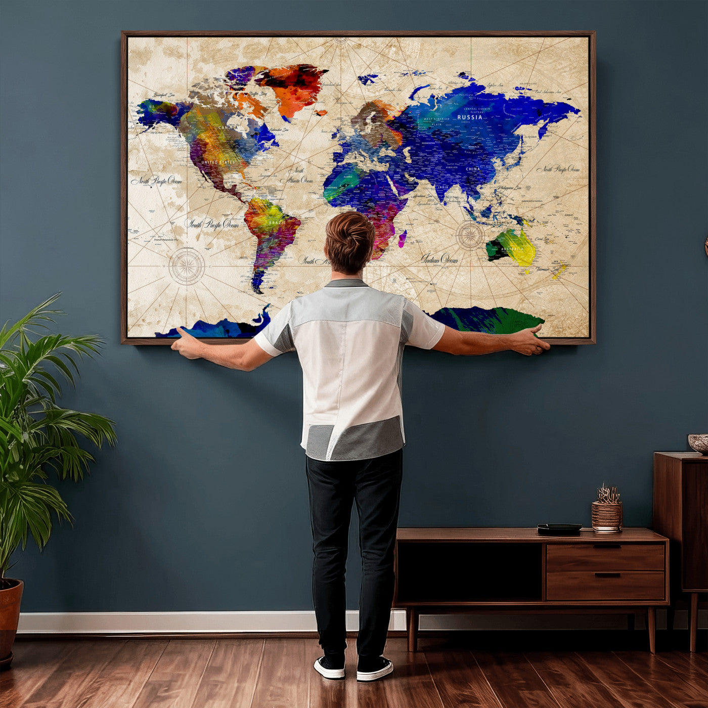 26284075-MGV-CV-36X24 - World Map Wall Art Canvas Print, Modern Decorative Framed Map Artwork Prints for Living Room, Office, Bedroom Wall Decor