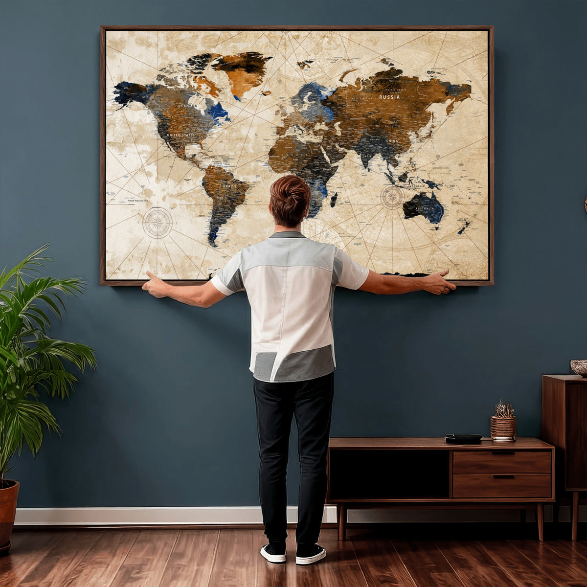 15727090-MGV-CV-36X24 - World Map Wall Art Canvas Print, Modern Decorative Framed Map Artwork Prints for Living Room, Office, Bedroom Wall Decor