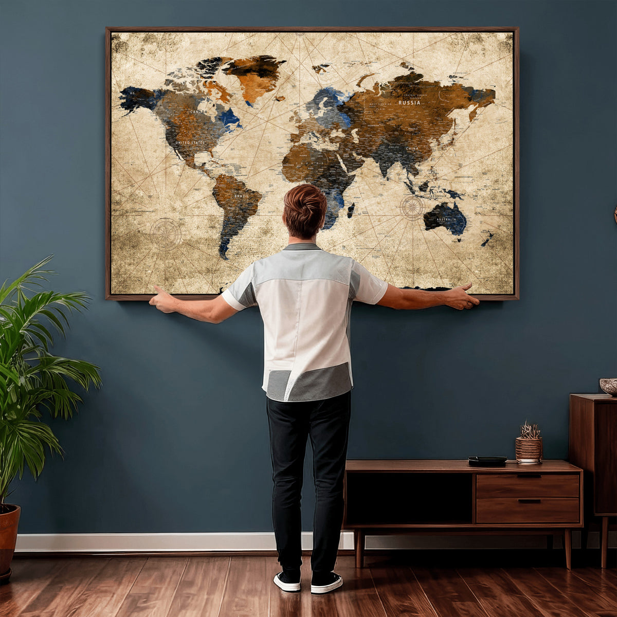 27163414-MGV-CV-36X24 - World Map Wall Art – Rustic Earth Tone Canvas Print, Antique