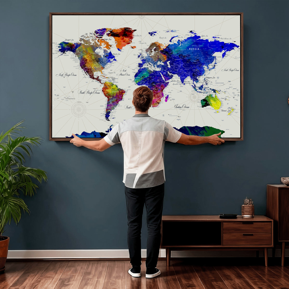 49670038-MGV-CV-36X24 - World Map Wall Art Canvas Print, Modern Decorative Framed Map Artwork