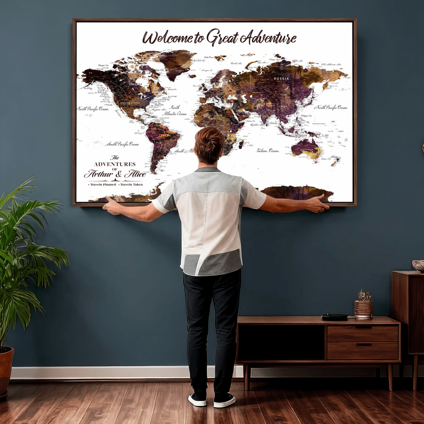64110391125-MGV-CV-36X24 - Custom Push Pin World Map Wall Art Canvas Print – Personalized Travel Tracker with Pins Framed Large for Home and Office Decor