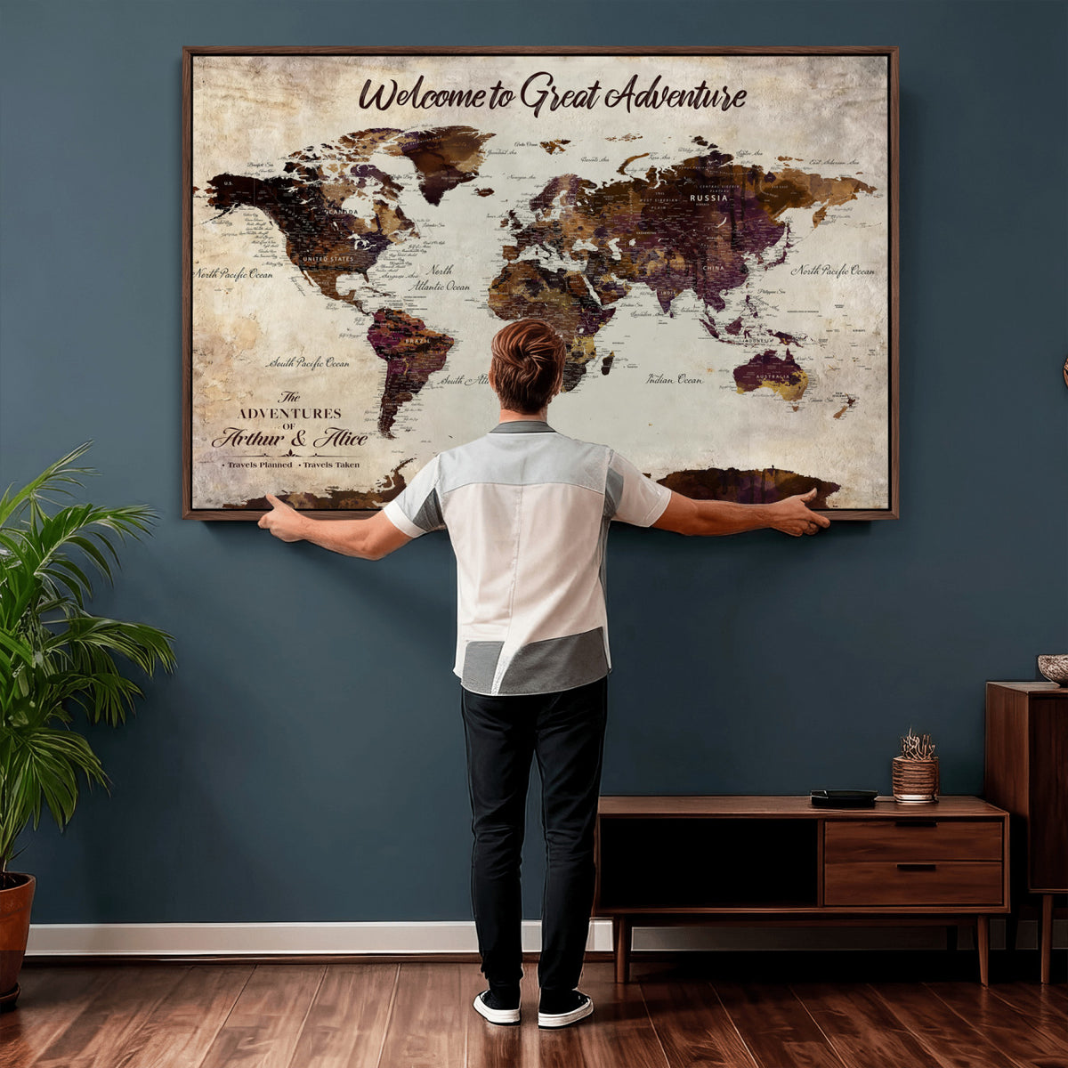 64110391126-MGV-CV-36X24 - Custom Beige World Travel Map Wall Art with Pins, Places Visited Tracker, Family Room and Entryway Decor