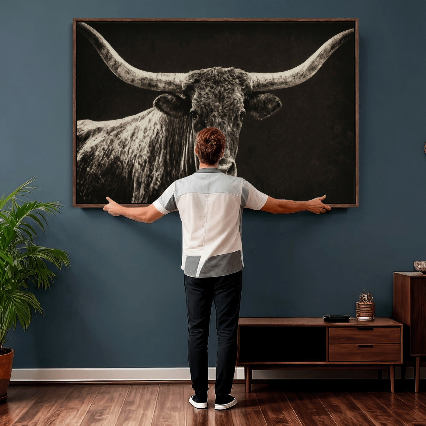 74513721-MGV-CV-36X24 - Vintage Texas Longhorn Bull Wall Art Canvas Print, Cow Portrait Photography Print, Framed Wall Art Ready to Hang
