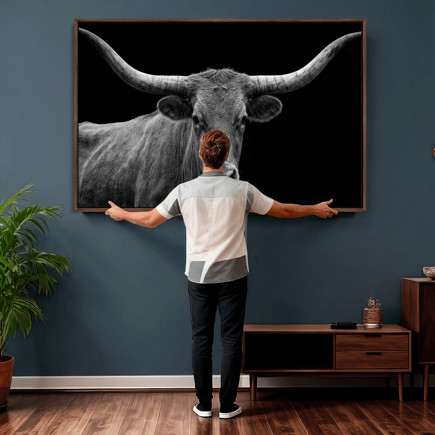 32601430-MGV-CV-36X24 - Texas Longhorn Bull Wall Art Canvas Print, Cow Portrait Photography, Framed Wall Art Ready to Hang