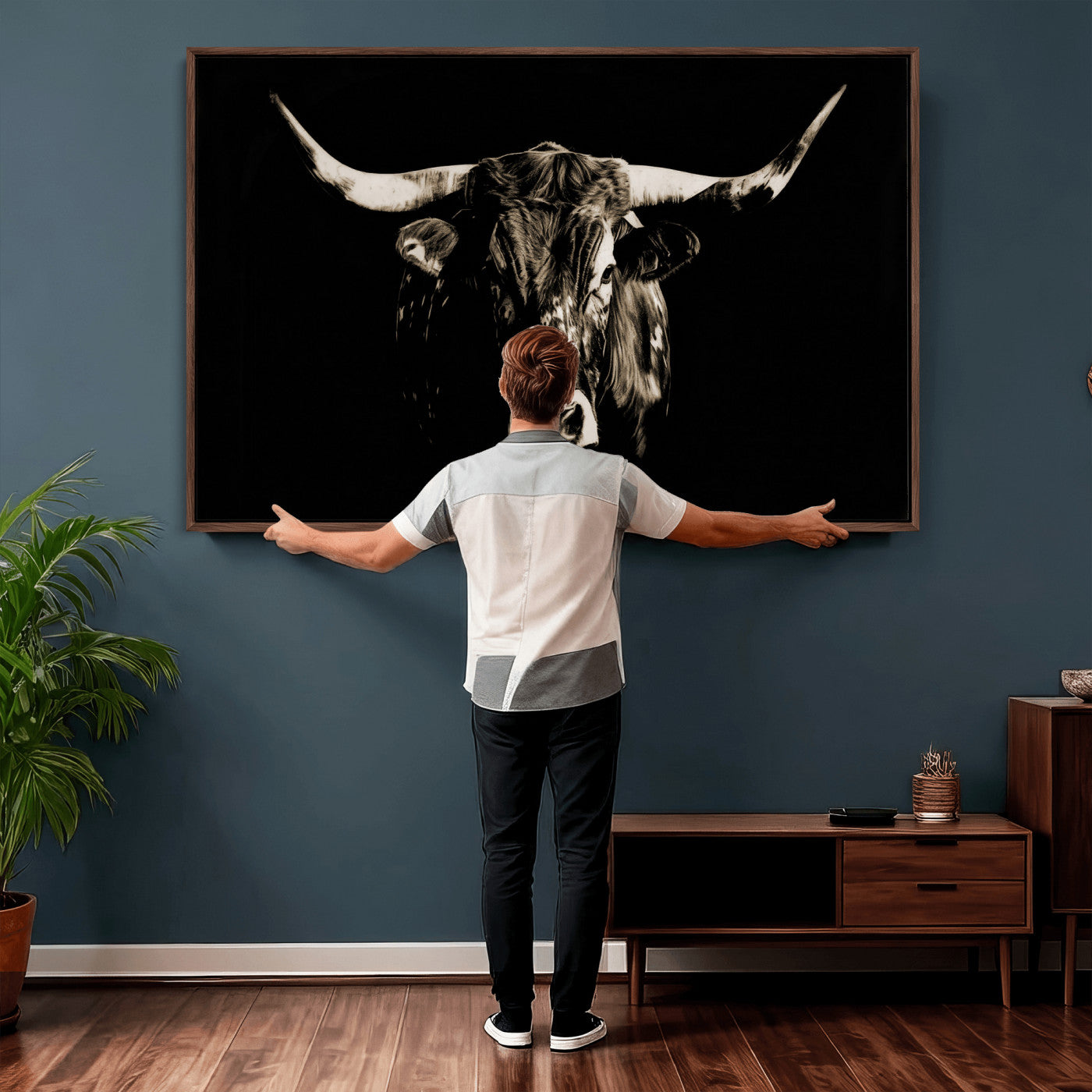 75774468-MGV-CV-36X24 - Black Bull Wall Art Canvas Print, Dark Longhorn Portrait Photography, Framed Wall Art Ready to Hang