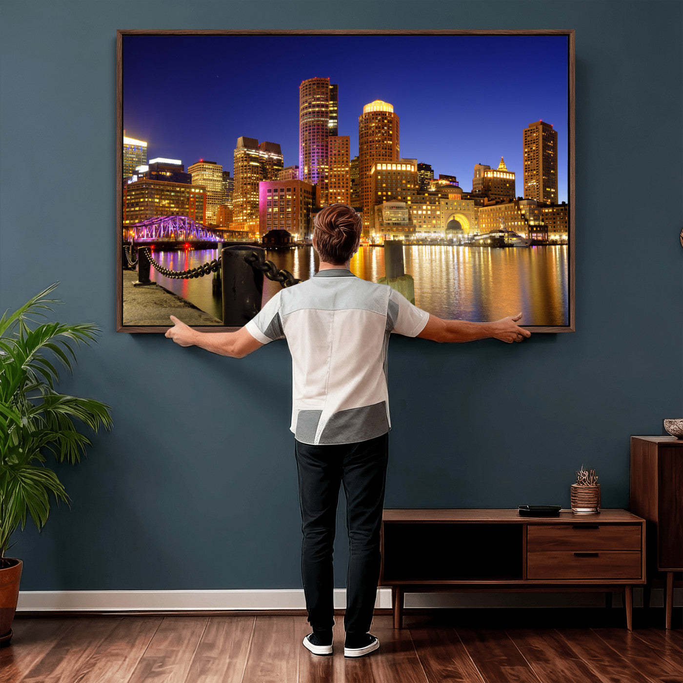 56611117-MGV-CV-36X24 - Boston Wall Art Canvas Print, Boston City Downtown Night Cityscape Print for Modern Urban Wall Decor