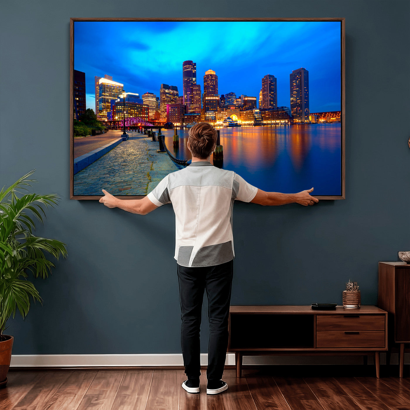 69619565-MGV-CV-36X24 - Boston Wall Art Canvas Print, Boston City Downtown Night Cityscape Print for Modern Urban Wall Decor