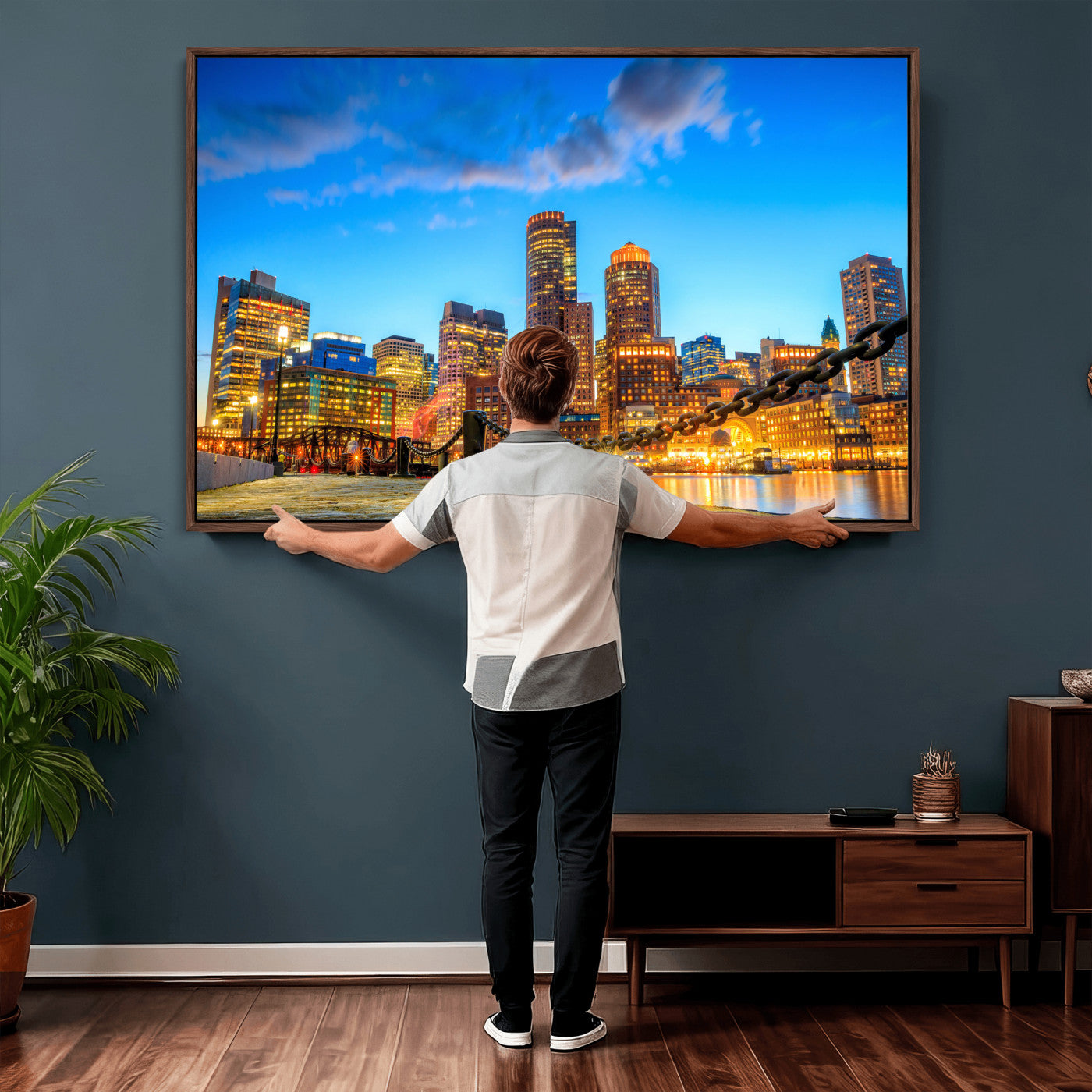 46736409-MGV-CV-36X24 - Boston Wall Art Canvas Print, Boston City Downtown Night Cityscape Print for Modern Urban Wall Decor