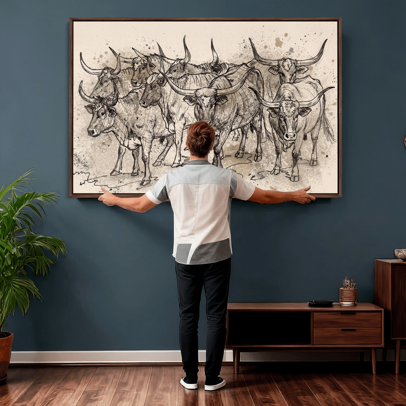 74232558-MGV-CV-36X24 - Farmhouse Animals Wall Art Canvas Print - Abstract Farm Animal Drawing Mid-Century Wall Art for Cabin Decor