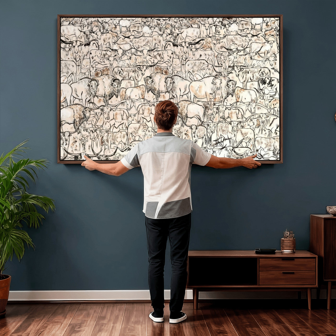 36925875-MGV-CV-36X24 - Farmhouse Animals Wall Art Canvas Print - Abstract Farm Animal Drawing Mid-Century Wall Art for Cabin Decor