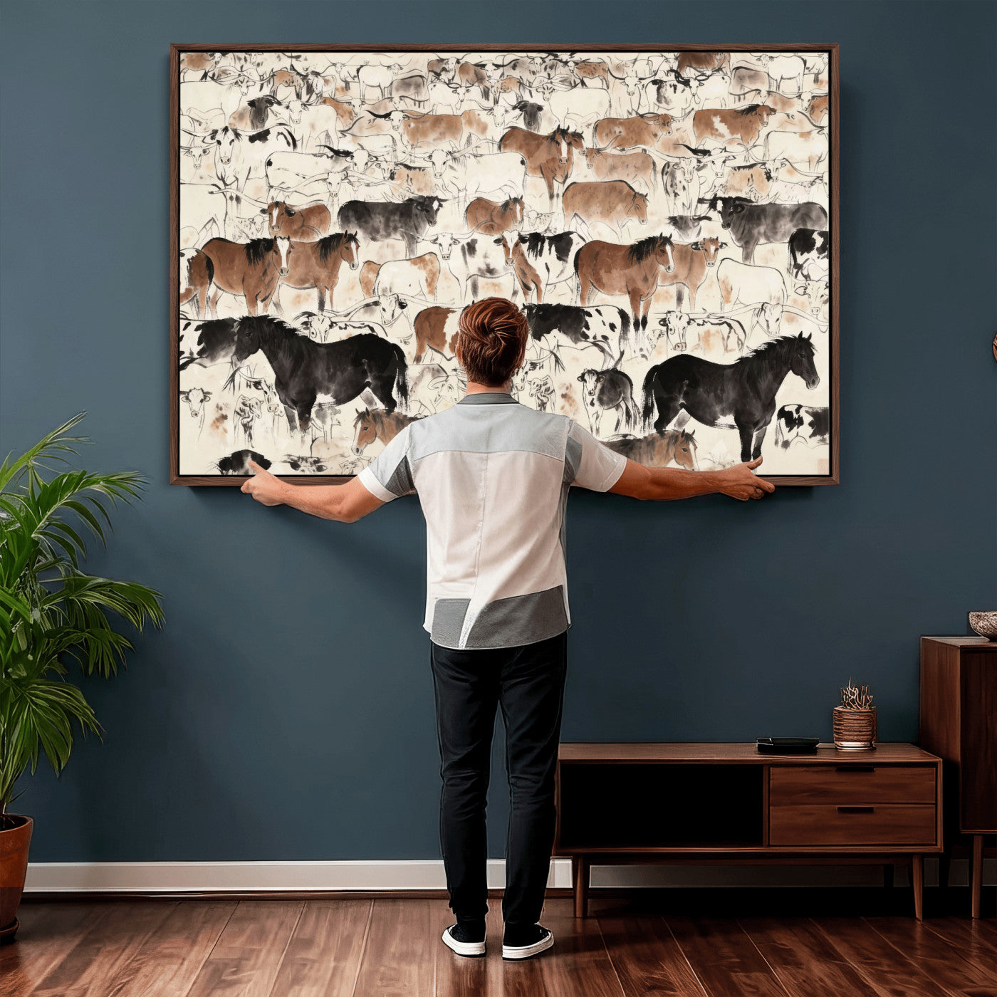 74171578-MGV-CV-36X24 - Farmhouse Animals Wall Art Canvas Print - Abstract Farm Animal Drawing Mid-Century Wall Art for Cabin Decor
