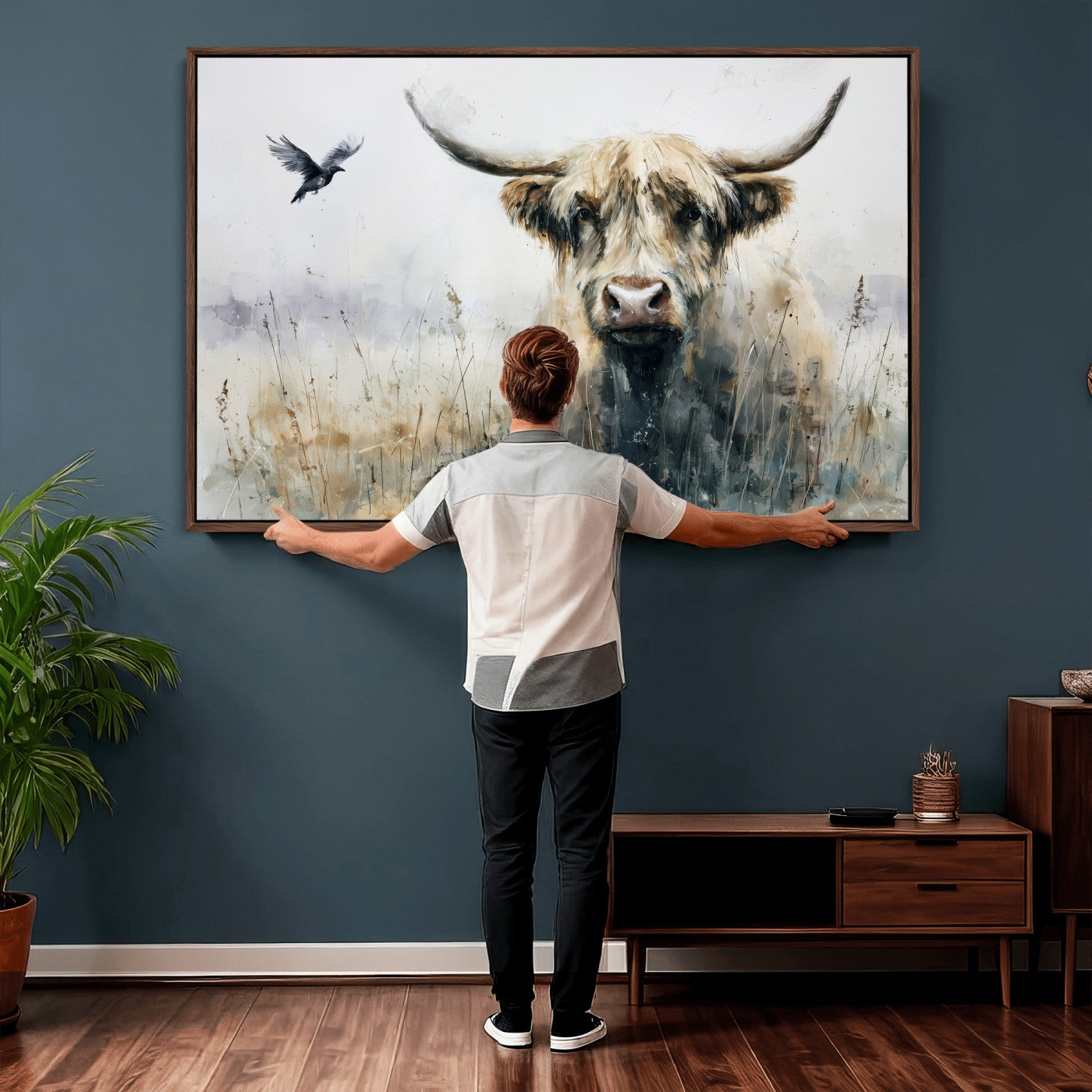 55652651-MGV-CV-36X24 - Abstract Highland Cow Watercolor Animal Wall Art Canvas Print, Rustic Farm Cattle Portrait Canvas Print, Neutral Wildlife Farmhouse Art Printing