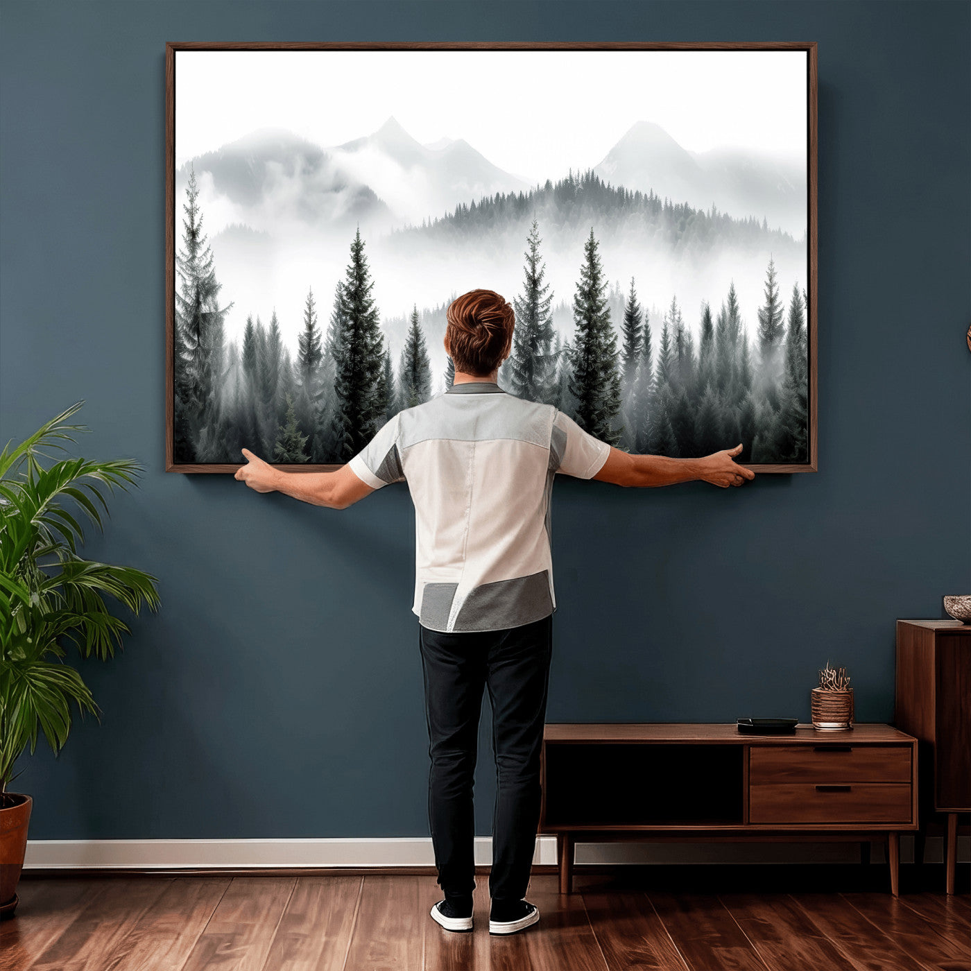 38819032-MGV-CV-36X24 - Misty Pine Forest Mountain Landscape Wall Art Canvas Print, Foggy Evergreen Trees Minimal Nature Canvas Print, Monochrome Wilderness Scenic Art Printing