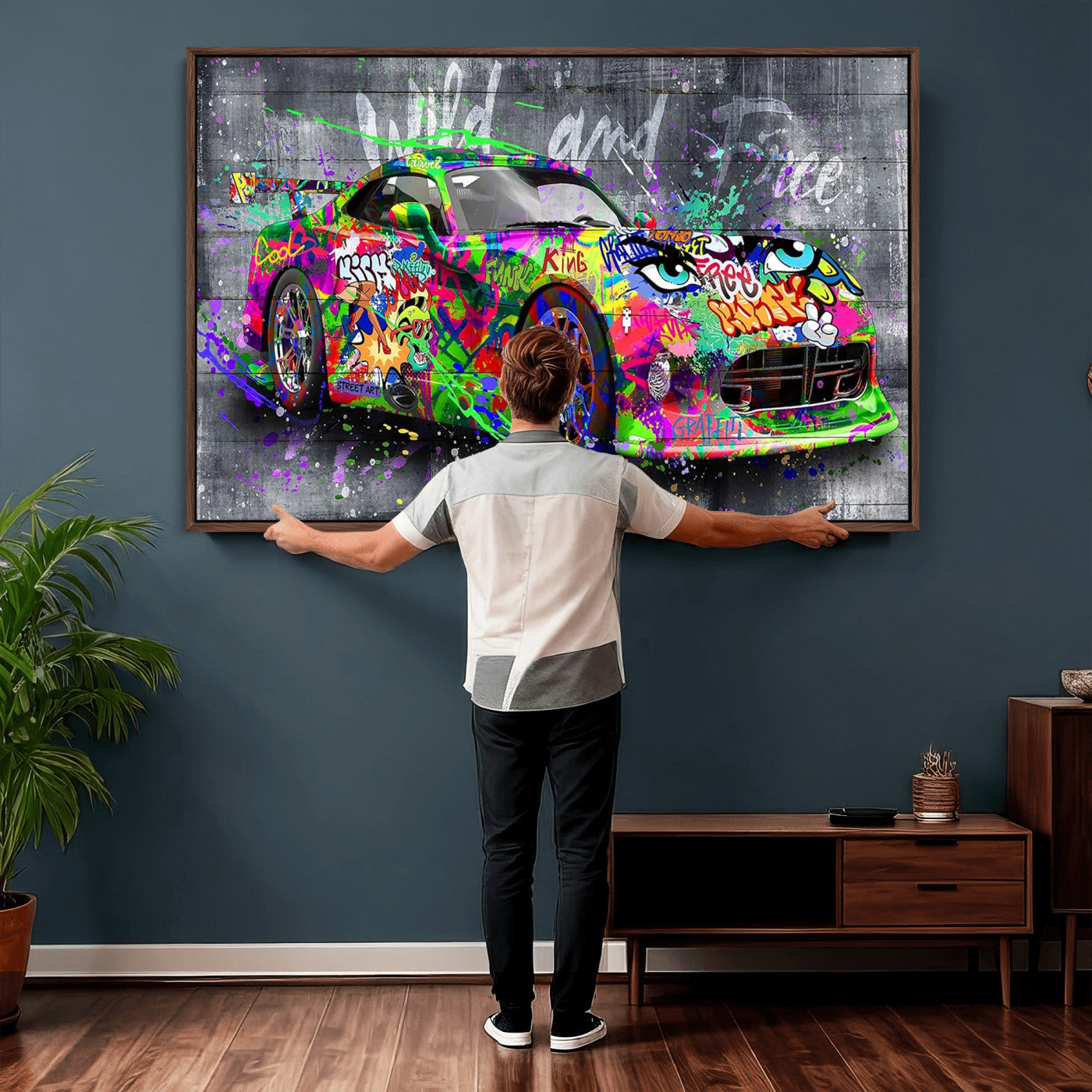 95314968-MGV-CV-36X24 - Graffiti Sports Car Street Art Wall Art Canvas Print, Colorful Urban Supercar Pop Art Canvas Print, Modern Graffiti Car Contemporary Art Printing