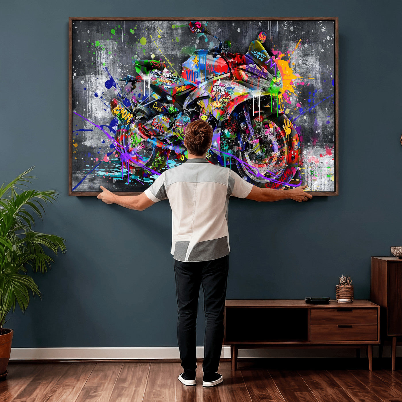 83021767-MGV-CV-36X24 - Graffiti Motorcycle Wall Art Canvas Print, Urban Street Art Motorbike Decor, Colorful Graffiti Sports Bike Artwork