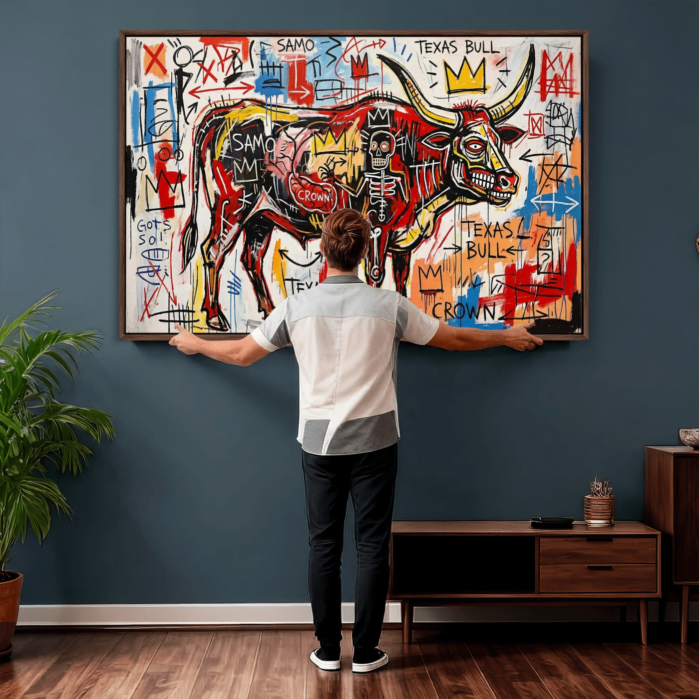 89504579-MGV-CV-36X24 - TITLE: Texas Bull Wall Art Canvas Print, Abstract Graffiti Bull Painting, Western Animal Art, Modern Ranch Decor