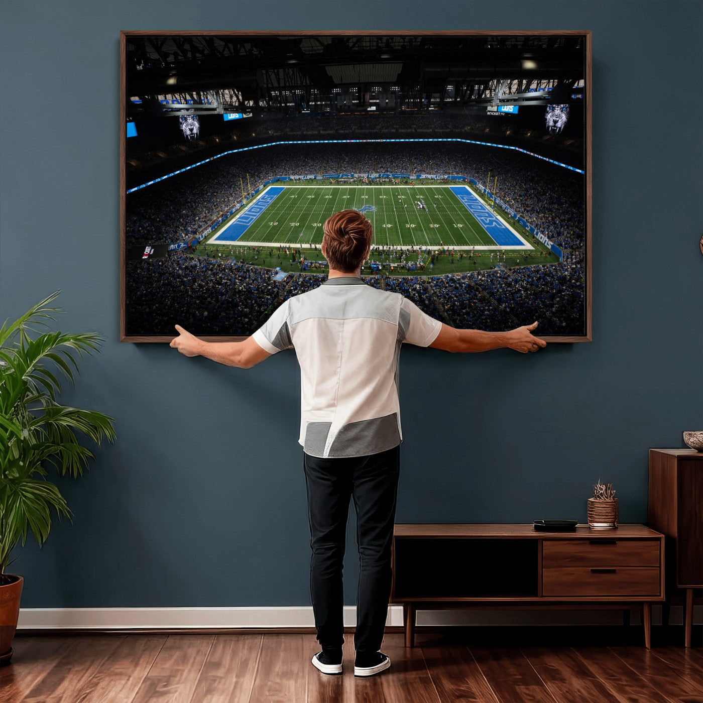 16709602-MGV-CV-36X24 - Detroit Lions Stadium Wall Art Canvas Print, Football Field Panorama Artwork, NFL Game Night Stadium Decor