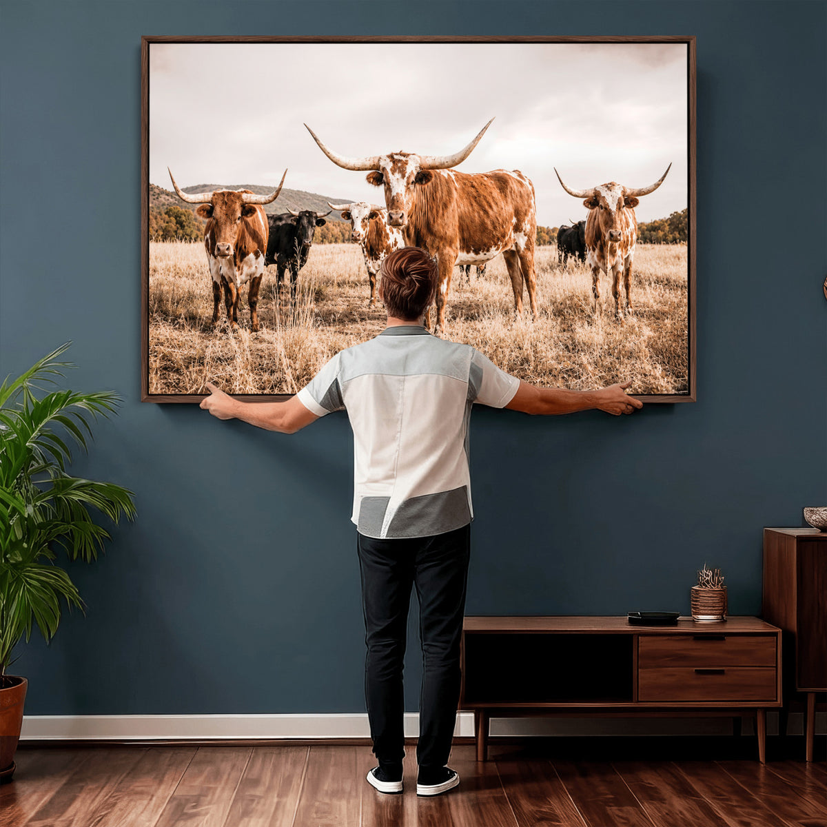 27539727-MGV-CV-36X24 - Texas Longhorn Cattle Wall Art Canvas Print, Sepia Western Decor