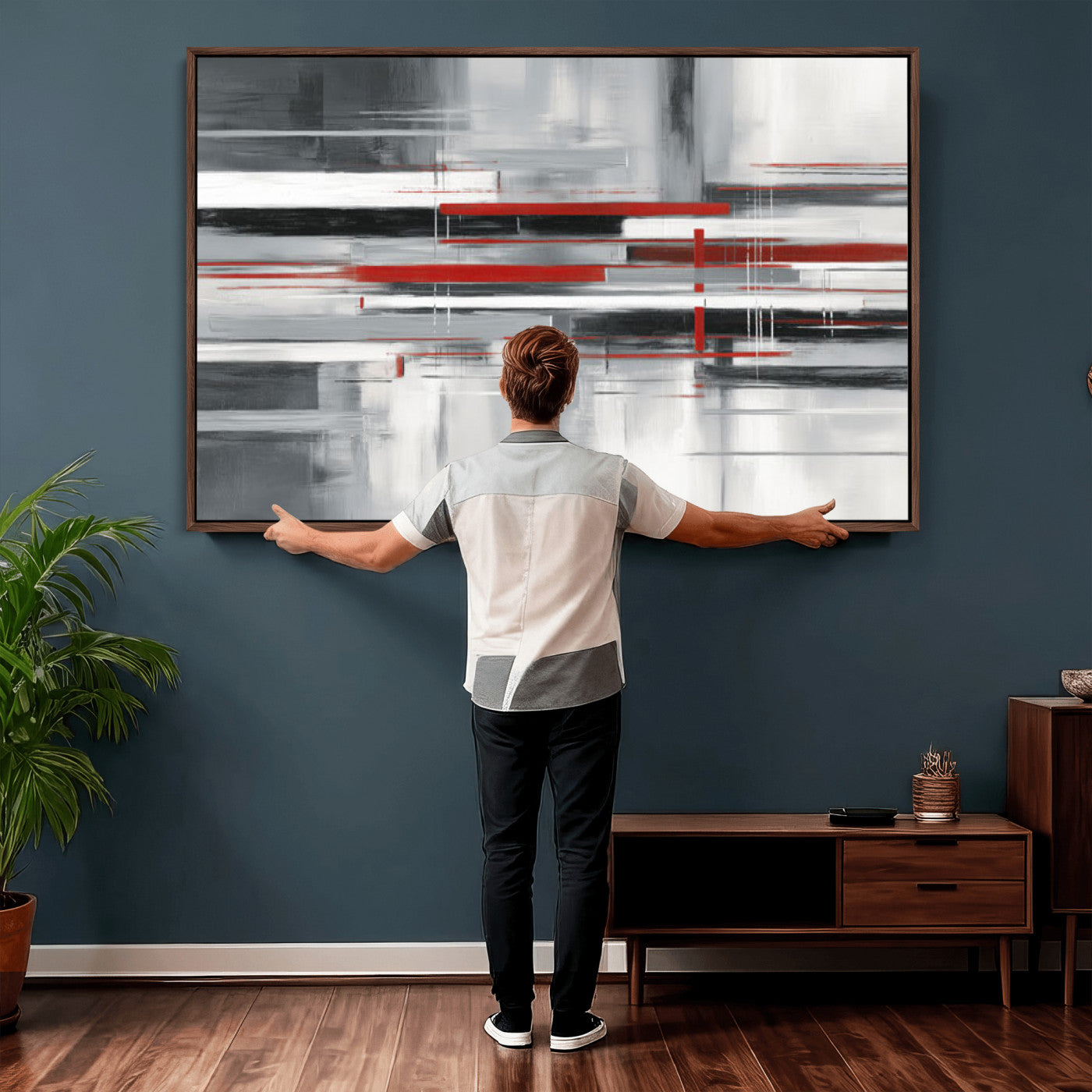 62640681-MGV-CV-36X24 - Gray Red Abstract Wall Art Canvas Print, Modern Abstract Canvas Wall Decor for Contemporary Living Room and Office