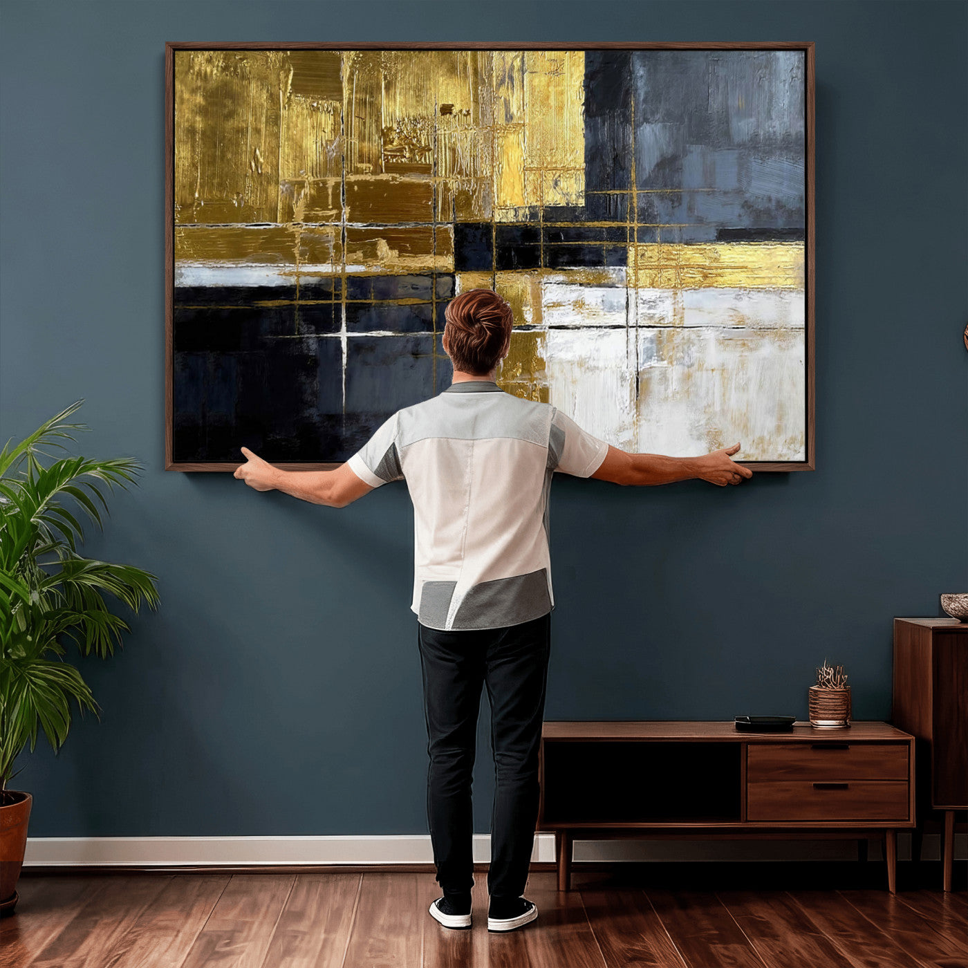 76917030-MGV-CV-36X24 - Gold Navy Abstract Wall Art Canvas Print, Modern Luxury Geometric Painting Wall Decor for Living Room and Office