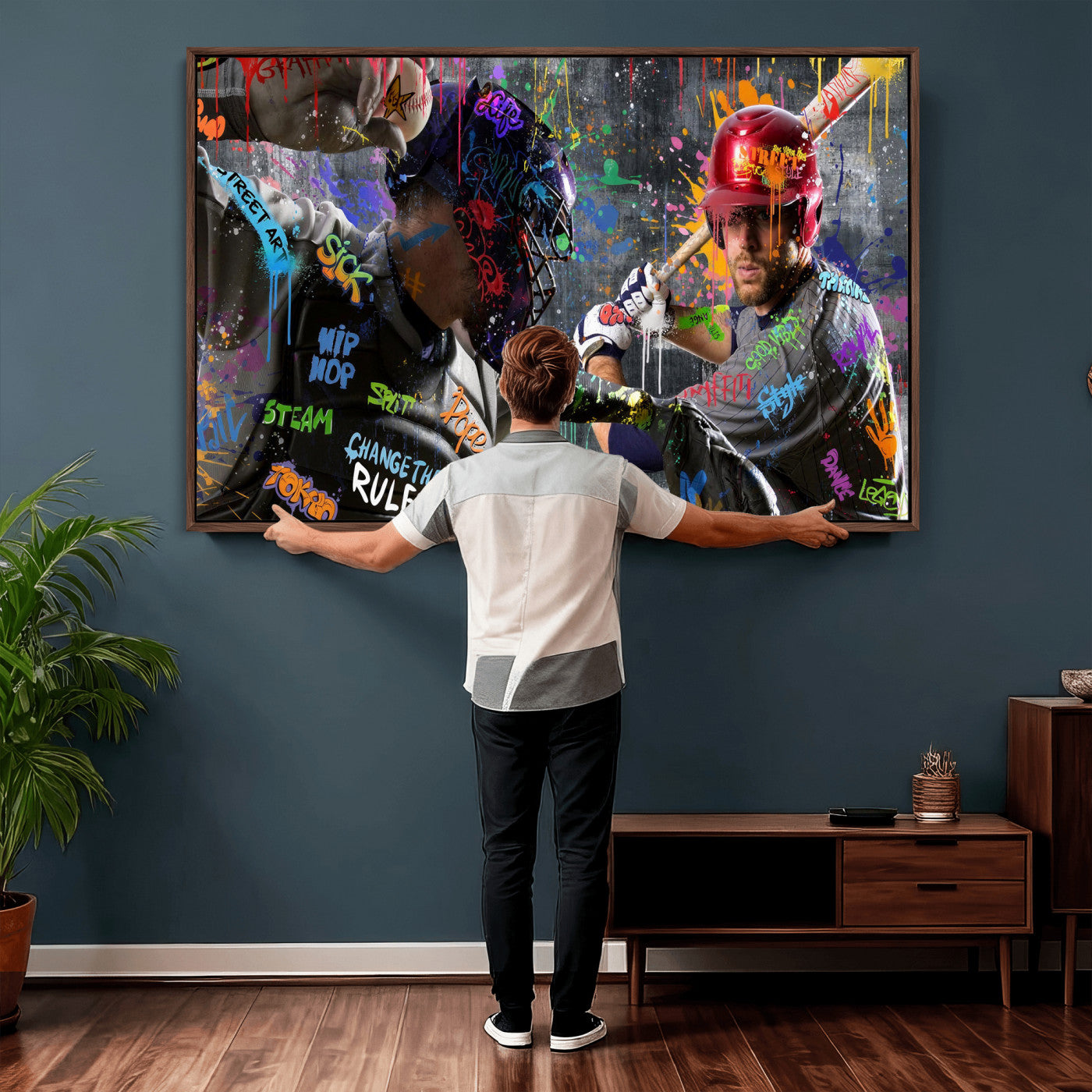 19634994-MGV-CV-36X24 - Graffiti Baseball Player Street Art Wall Art Canvas Print, Urban Sports Pop Art Baseball Canvas Print, Modern Athletic Graffiti Contemporary Art Printing