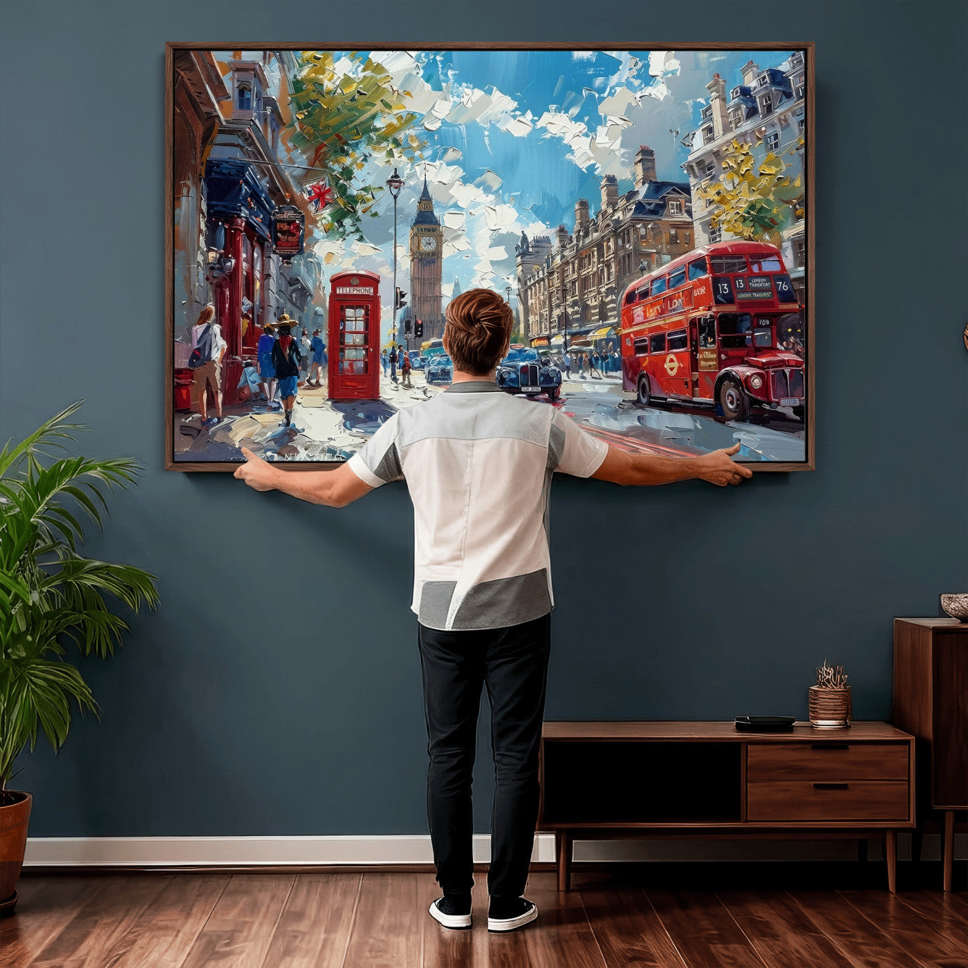 17630888-MGV-CV-36X24 - London Street Canvas Wall Art — Big Ben Red Bus Print | Oil Painting Style | UK City Wall Decor | Travel Art Gift | Living Room Print
