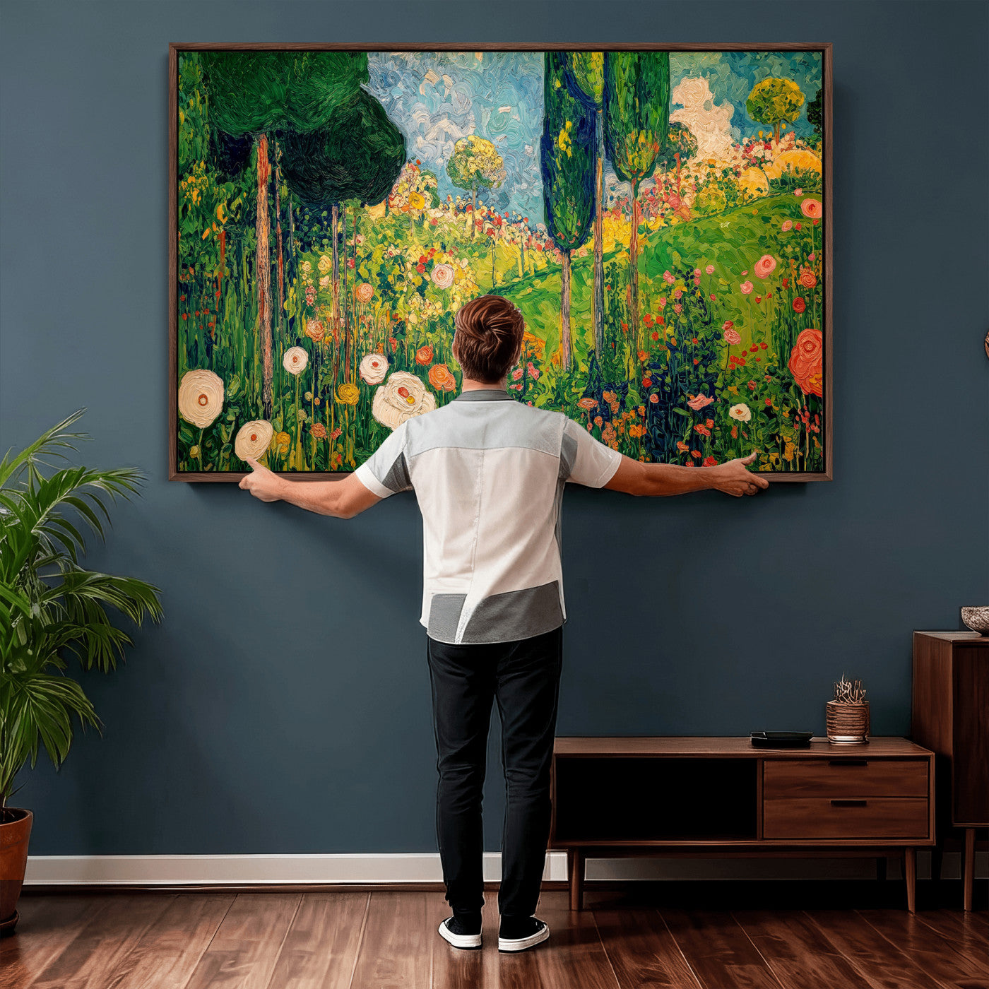 83517974-MGV-CV-36X24 - Gustav Klimt Boho Mountain Landscape Large Wall Art, Horizontal Gold Framed Canvas Print with Sun and Flowers