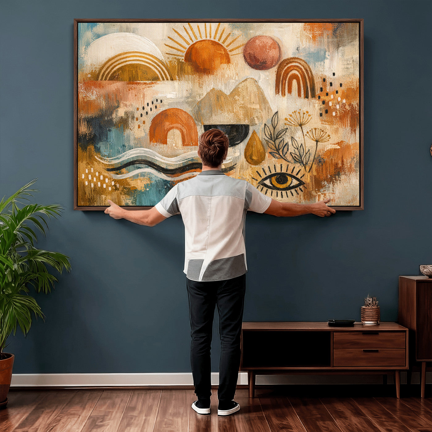 52155239-MGV-CV-36X24 - Geometric Boho Abstract Wall Art Canvas Print, Orange Blue Abstract Expressionist Painting Print, Modern Geometric Abstract Canvas Art